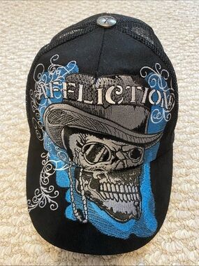 Affliction Black Trucker Hat with Blue and Gray Skull Design